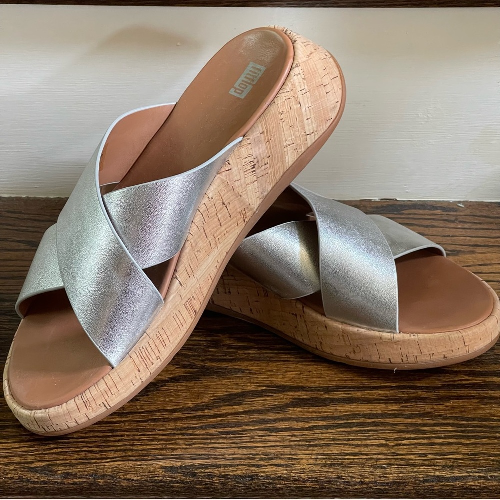 FitFlop Silver Metallic Leather F- Mode Slide Sandals Size 9